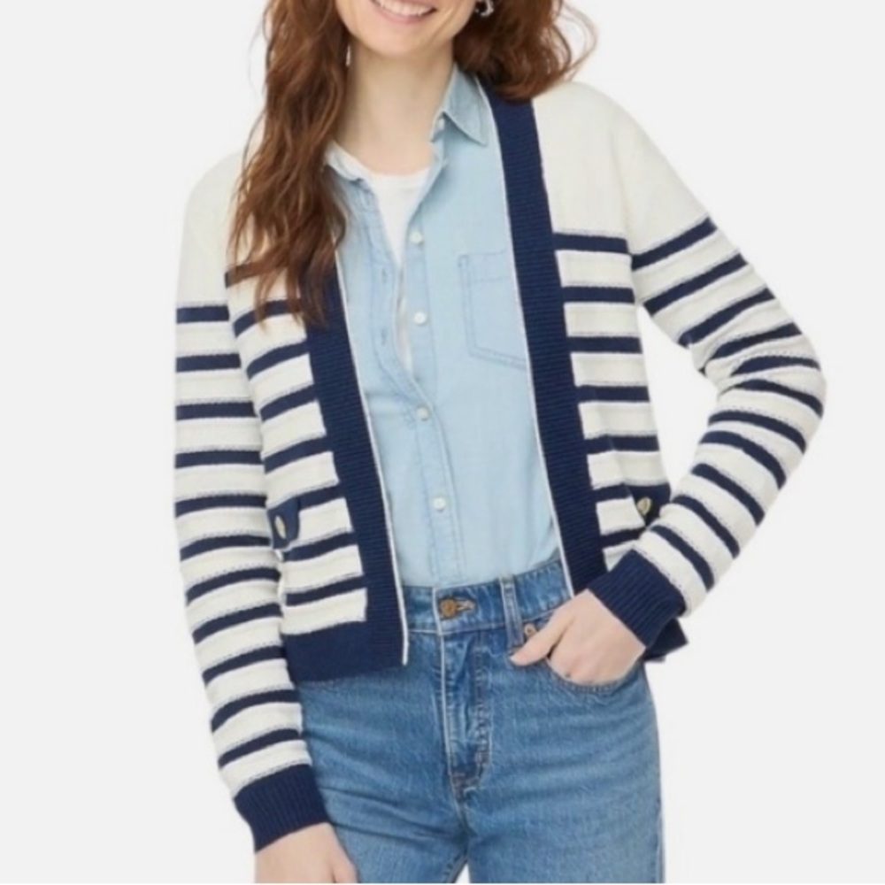 J. Crew Factory Sz M Navy and Cream Striped Women’s Open Cardigan Sweater
